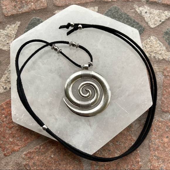 Silver Spiral of life adjustable black suede cord choker or long necklace - Picture 5 of 11